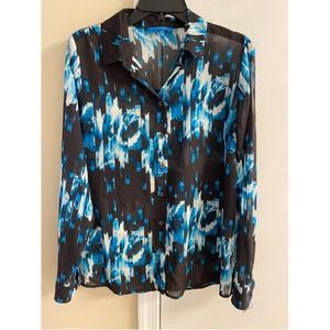 Derek Lam Womens Blue/Black Sheer Button Down Blouse, Medium